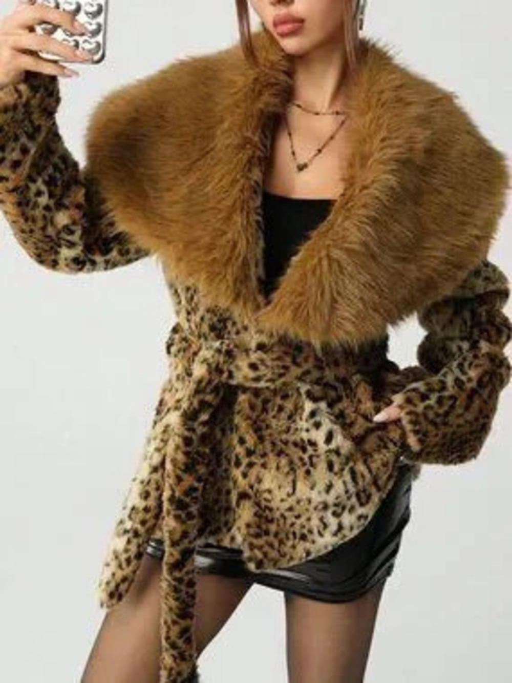 ZARA Brown Casual Women's Sexy Leopard Print Faux Fur Collar Tie-Up Jacket
